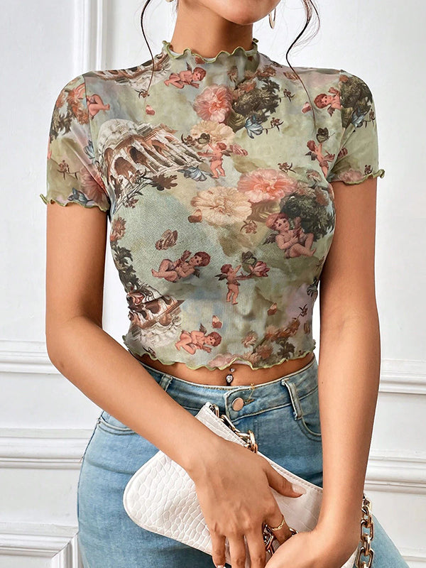 T-shirt transparent à manches courtes, coupe près du corps, à motifs figuratifs, à imprimé floral, à bordure volantée, à col cheminée