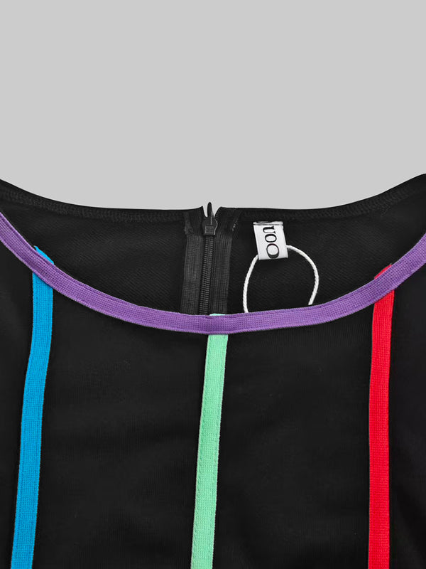 Robe mi-longue à manches longues, à manches bouffantes, à poches, à col rond, couleur contrastée