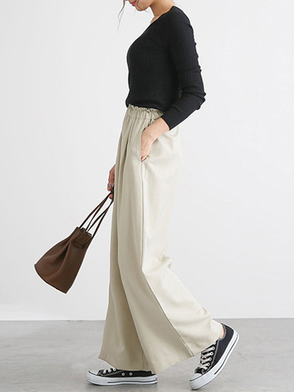 Pantalon taille haute à jambes larges, élastique, couleur unie, à empiècements, large côté