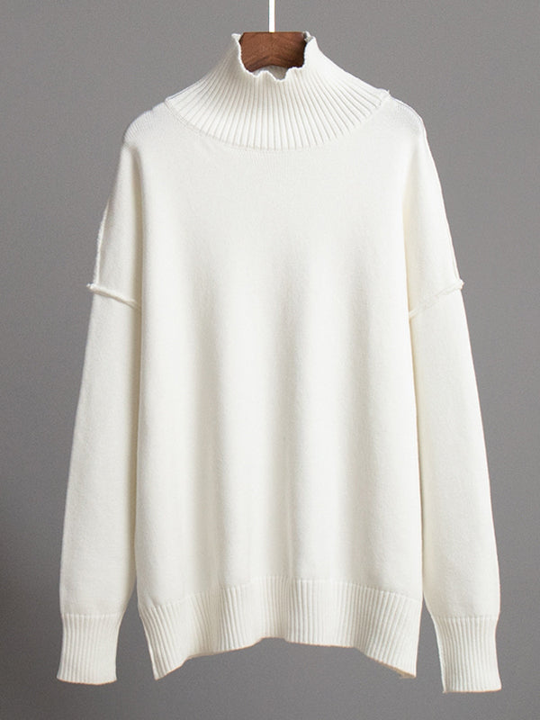 Pull ample à manches longues, à empiècements, à col haut, couleur unie