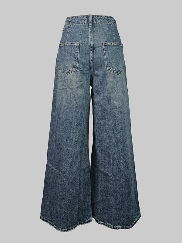 Jean ample boutonné à jambes larges, à franges, à poches