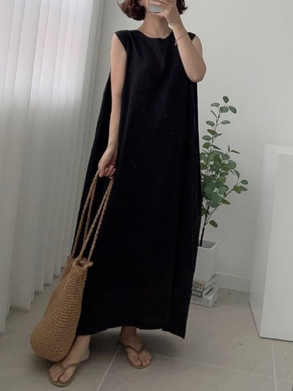 Robe mi-longue décontractée simple fendue sur le côté à col rond, sans manches, couleur unie
