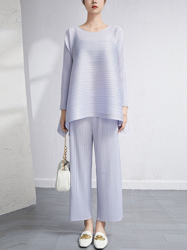Ensemble deux pièces ample plissé à ourlet plongeant, à col rond, couleur unie – t-shirt + pantalon
