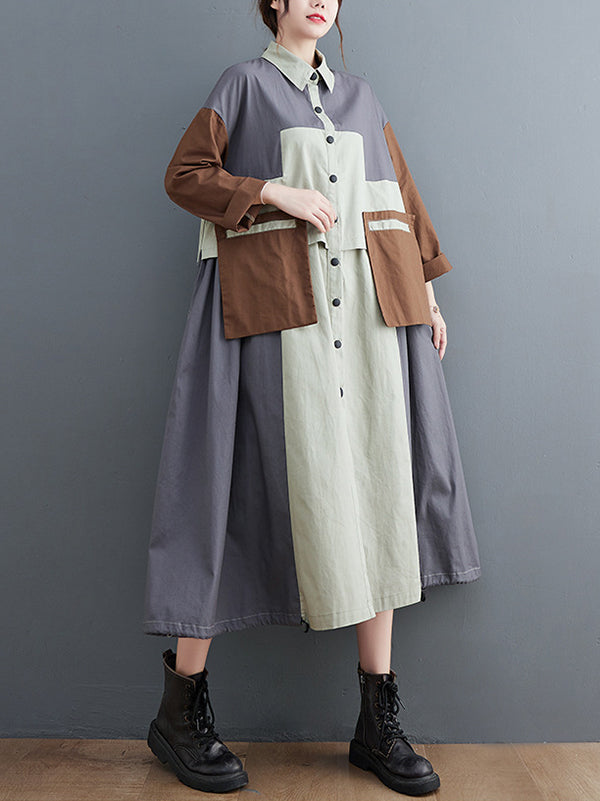 Robe mi-longue ample vintage, à manches longues, col polo, couleur contrastée