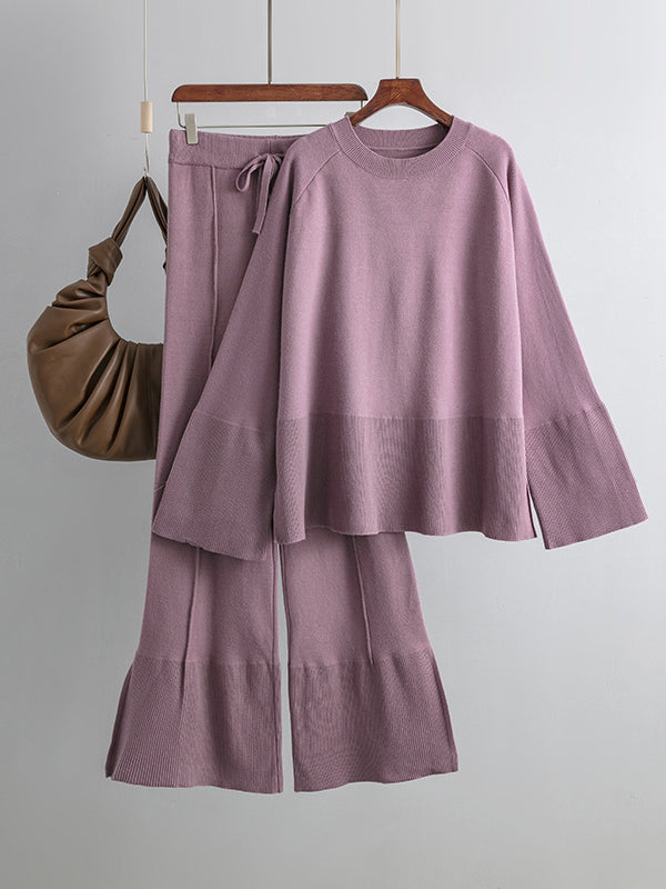 Ensemble deux pièces décontracté ample à manches longues, à col rond, à jambes larges, couleur unie – pull + pantalon