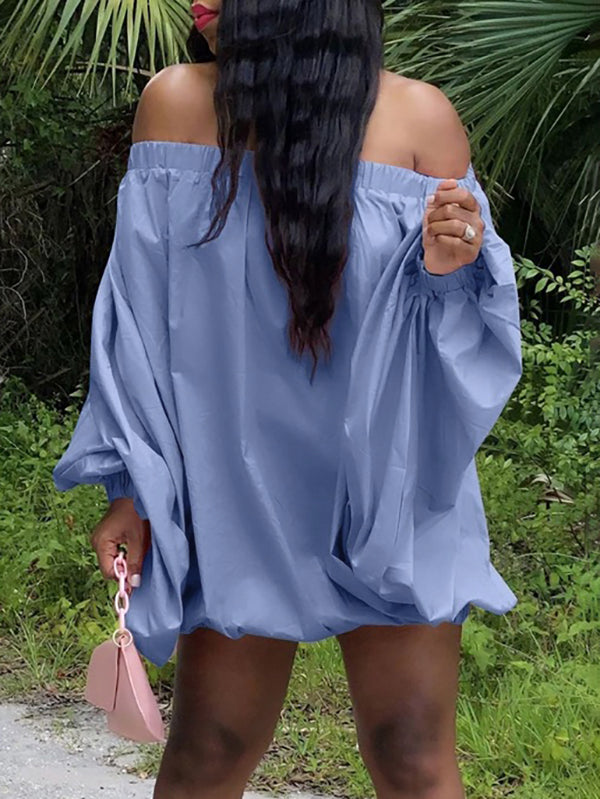 Robe courte ample à manches longues, à taille élastique, à épaules dénudées, couleur unie