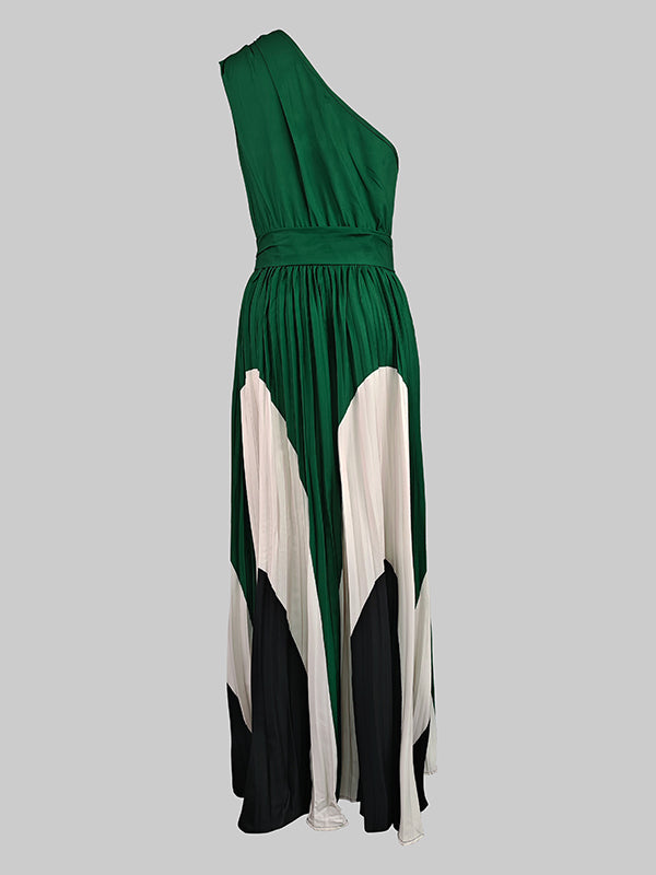 Robe longue asymétrique plissée imprimée sans manches, asymétrique à une épaule
