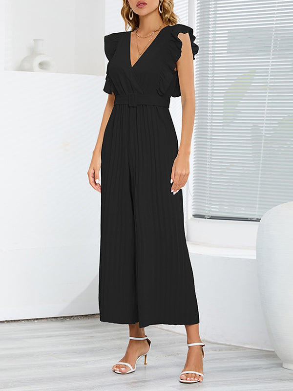 Combinaison ample plissée volantée taille haute, avec ceinture, à col en V, couleur unie