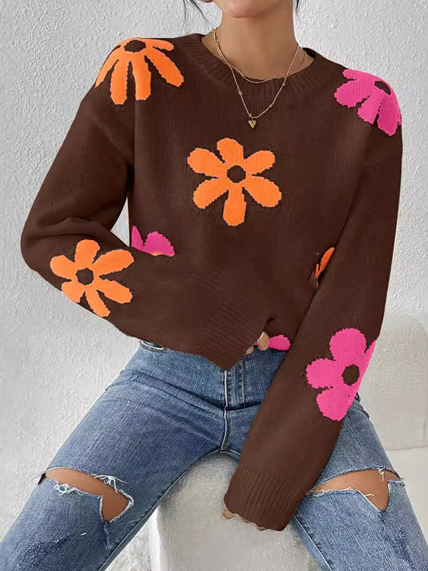Pull ample à manches longues, à imprimé floral, à col rond, couleur contrastée