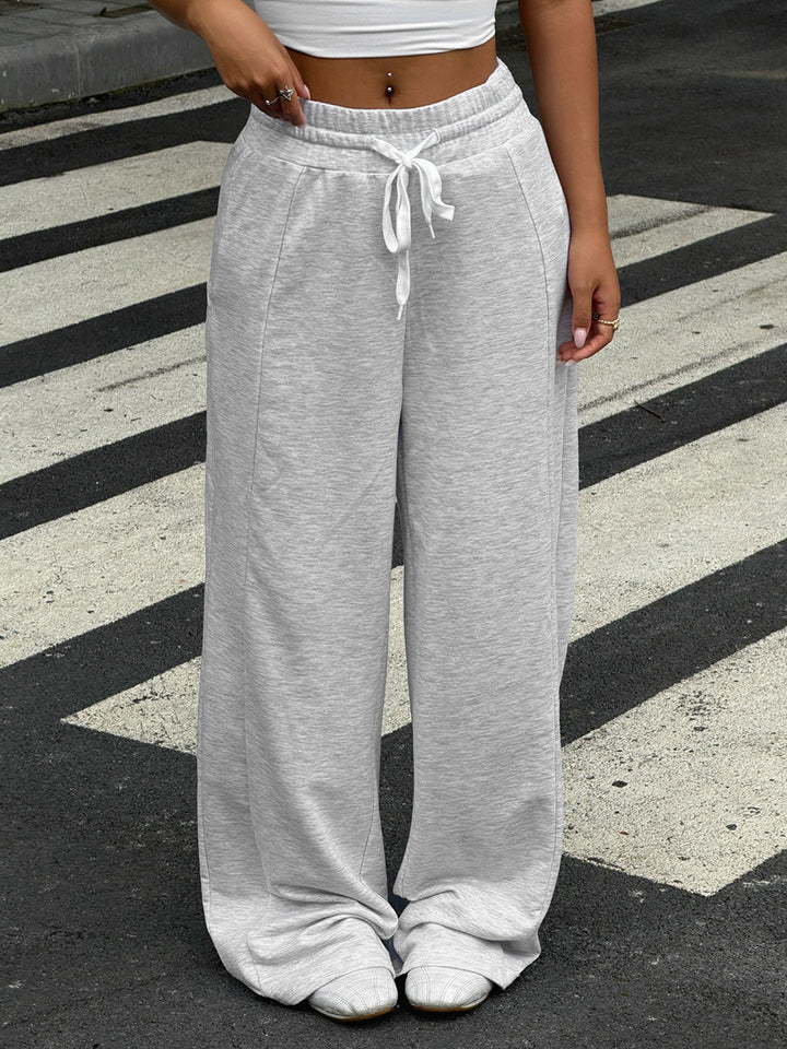 Pantalon à taille élastique, à cordon de serrage, à jambes larges, taille haute, couleur unie