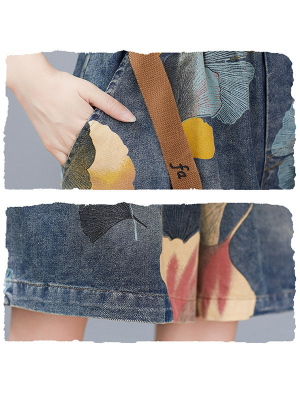 Short à fleurs, à jambes larges, en jean