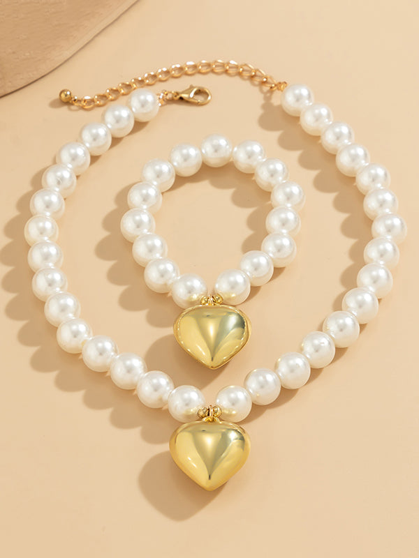 Parure bracelet et collier perlée brillante délicate en forme de cœur