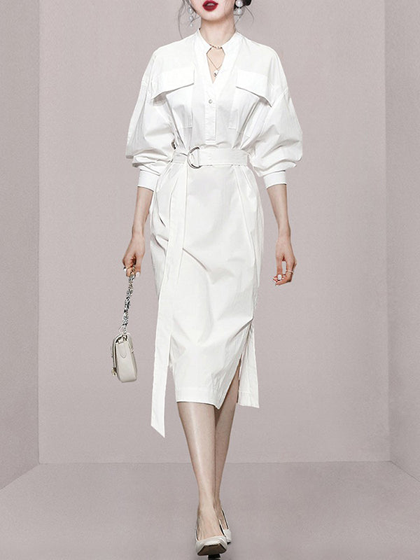 Robe chemise ample transparente fendue sur le côté à manches longues, à empiècements, à taille nouée, à col en V
