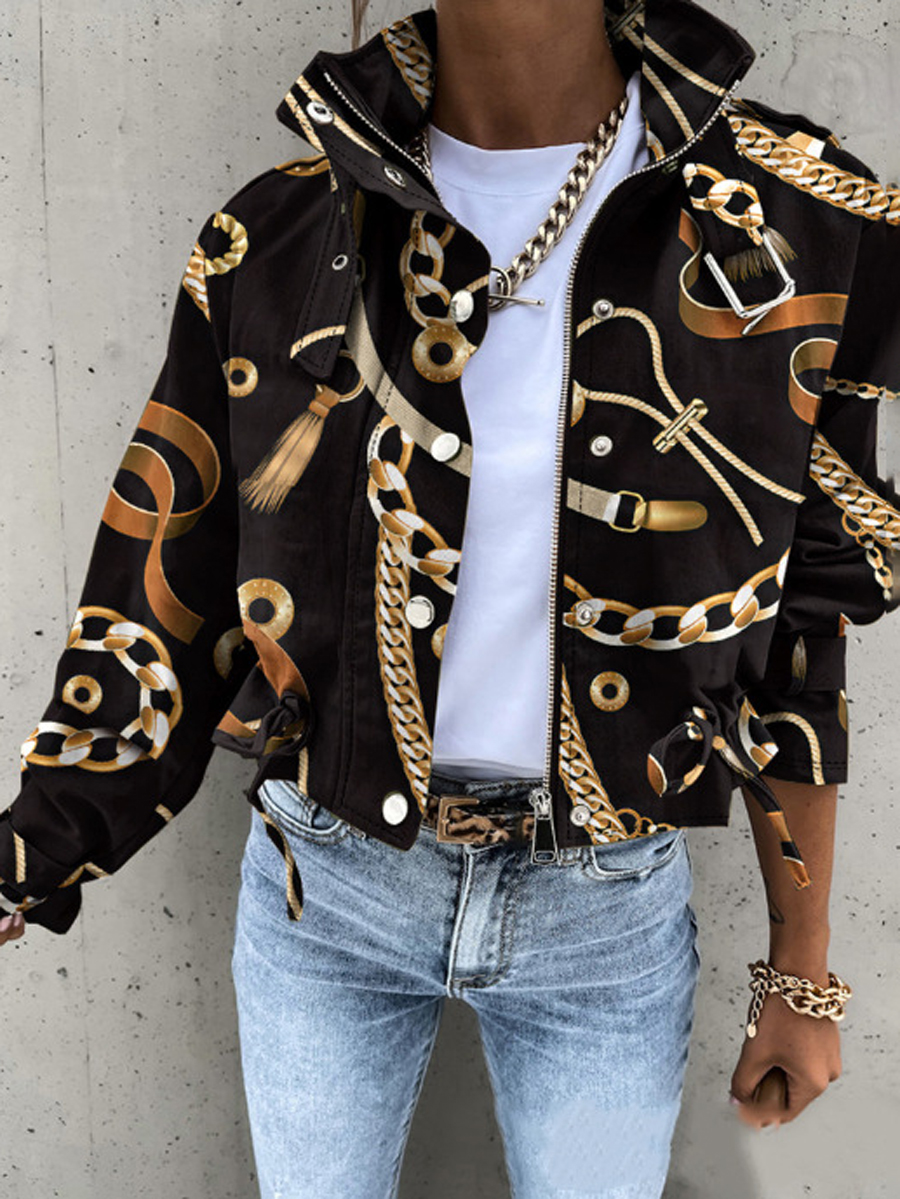 Veste ample boutonnée imprimée à manches longues, à cordon de serrage, à poches, à empiècements, à fermeture éclair, à col montant
