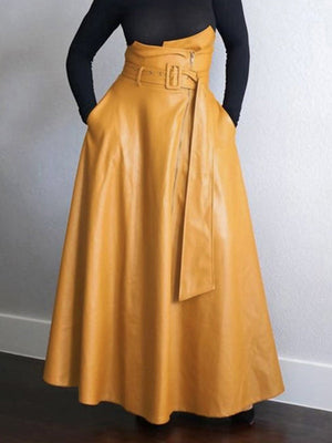 Jupe coupe trapèze, taille haute, avec ceinture, à poches, à fermeture éclair, couleur unie