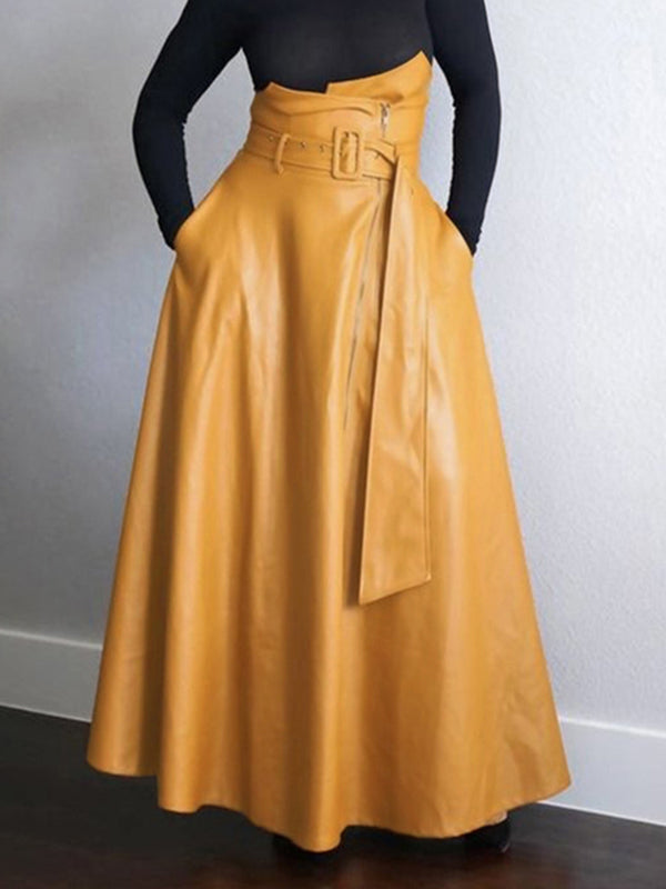 Jupe coupe trapèze, taille haute, avec ceinture, à poches, à fermeture éclair, couleur unie