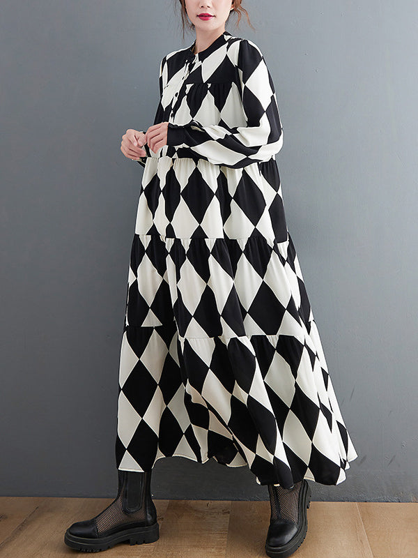 Robe mi-longue boutonnée coupe trapèze, à manches longues, à carreaux, col polo