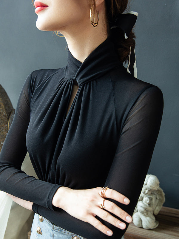 Blouses à manches longues grandes tailles en maille ajourée plissée transparente, couleur unie, col roulé torsadé