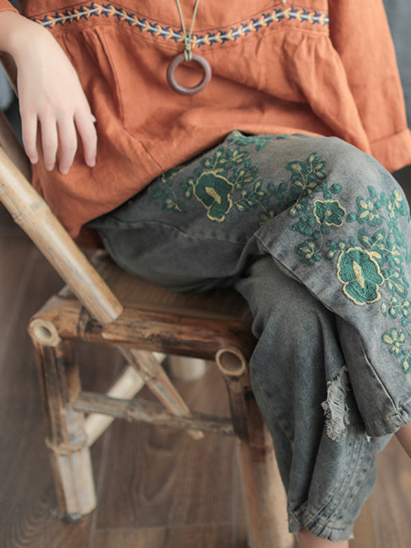 Pantalon en jean colonne à jambe large brodé Original