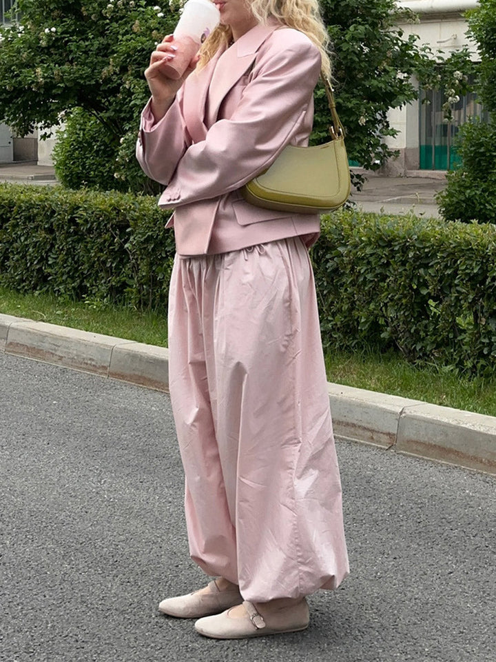 Pantalon resserré aux chevilles plissé à taille élastique, taille haute, à cordon de serrage, couleur unie