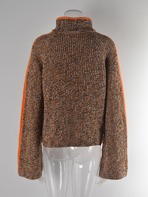 Pull décontracté à manches longues, ample, couleur contrastée, demi-col roulé