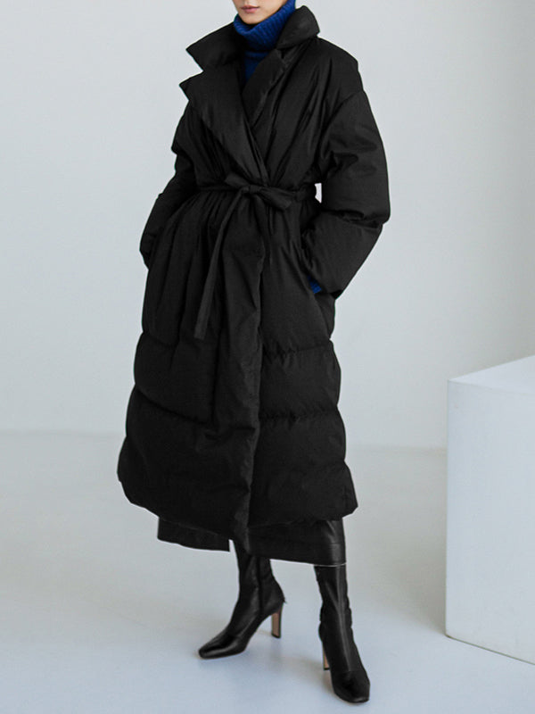 Manteau ample noué matelassé à manches longues, à col haut, couleur unie