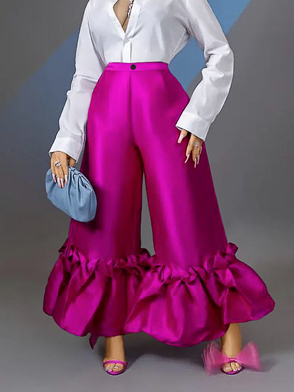 Pantalon évasé ample boutonné Volants taille haute de couleur unie