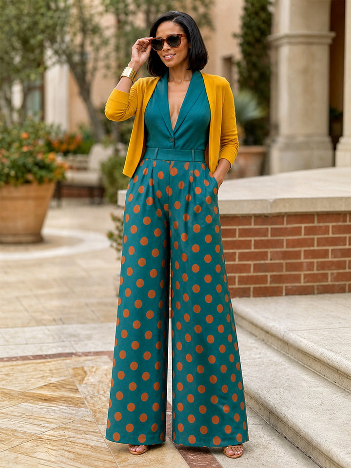 Pantalon plissé à pois, à poches, sans ceinture, à taille élastique, à jambes larges, taille haute, couleur contrastée