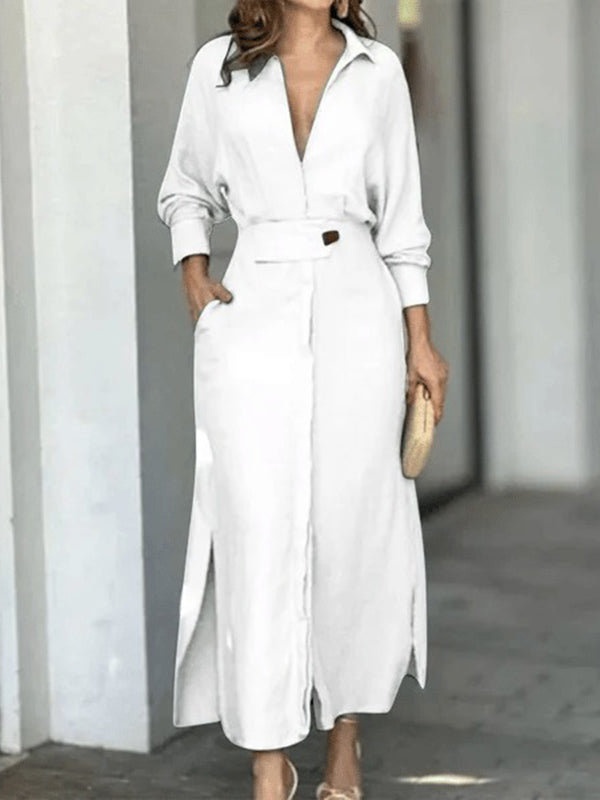 Robe chemise ample fendue sur le côté à manches longues, à empiècements, à col en V