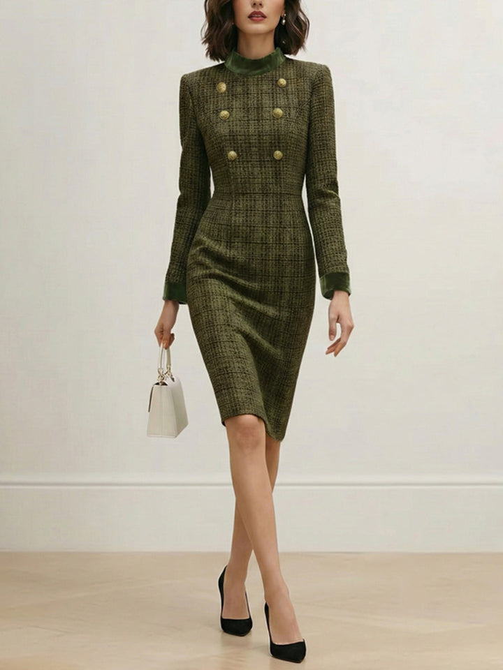 Robe mi-longue boutonnée taille haute, à manches longues, à empiècements, à fermeture éclair, à col cheminée, couleur unie