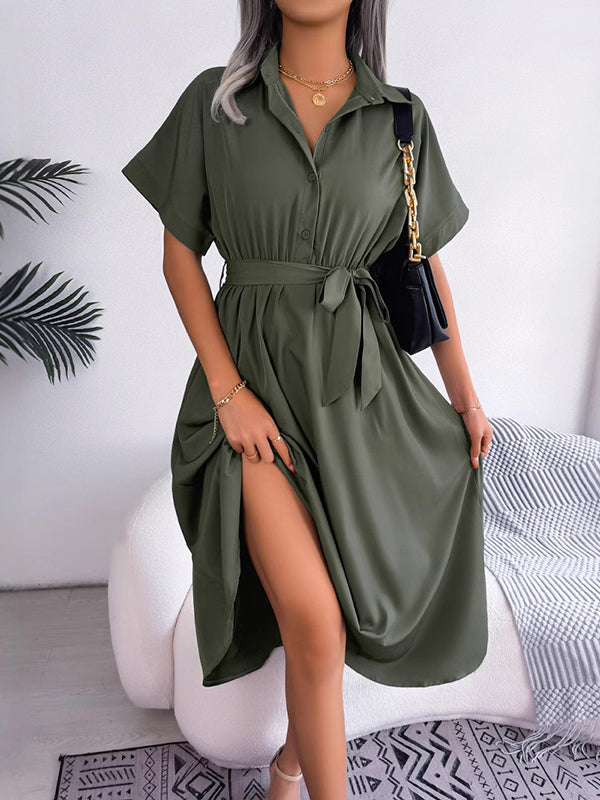 Robe chemise ample à manches courtes, à empiècements, à taille nouée, à col revers, couleur unie