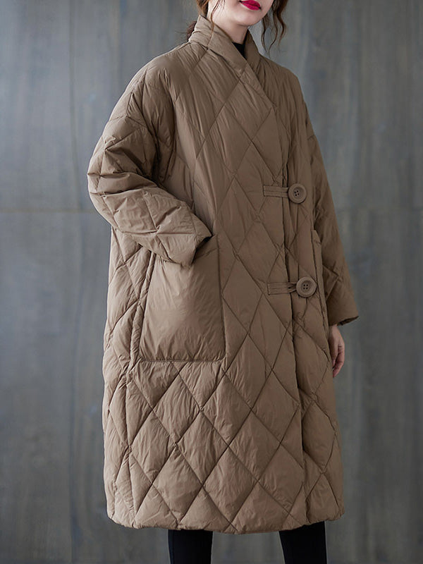 Manteau artistique boutonné matelassé vintage, rétro, à col montant, à manches longues, couleur unie