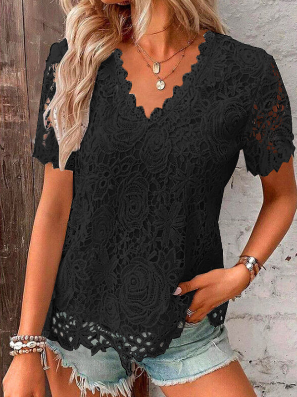 T-shirt ample brodé ajouré grande taille, à empiècements, à col en V, couleur unie