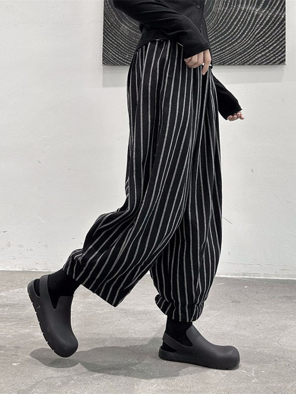Sarouel ample taille haute fendu-joint motifs rayés pantalon pantalon