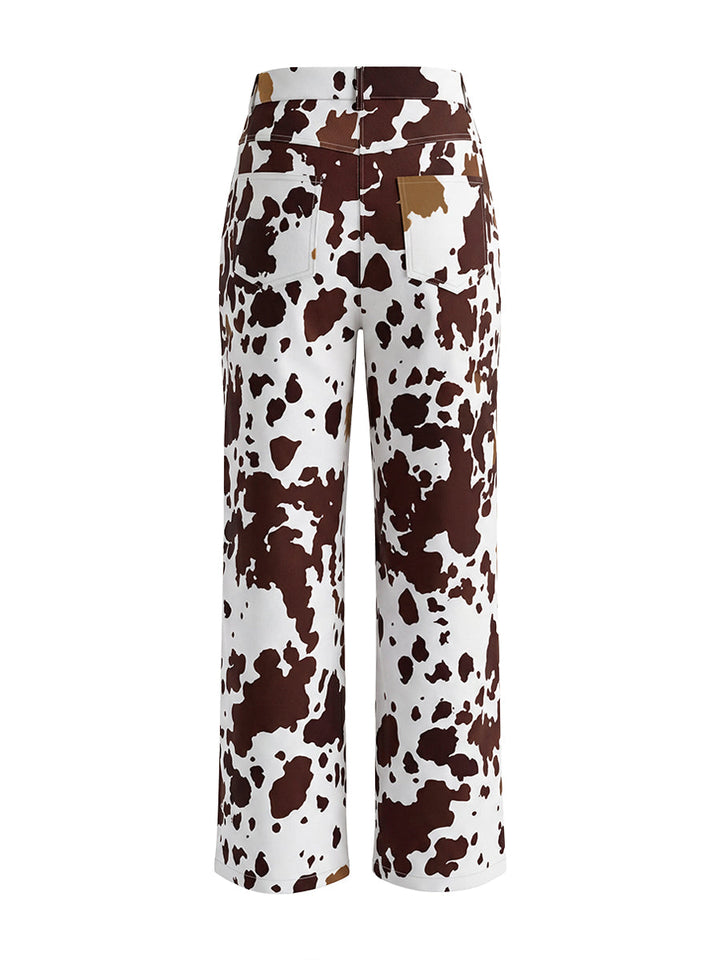 Pantalon à empiècements imprimé vache, taille haute, couleur contrastée, taille élastiquée