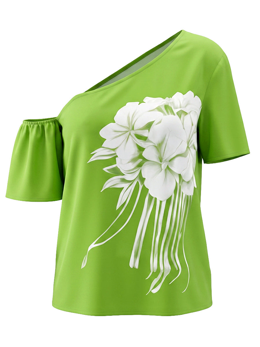 Chemisier à manches courtes, à imprimé floral, asymétrique à une épaule, couleur contrastée
