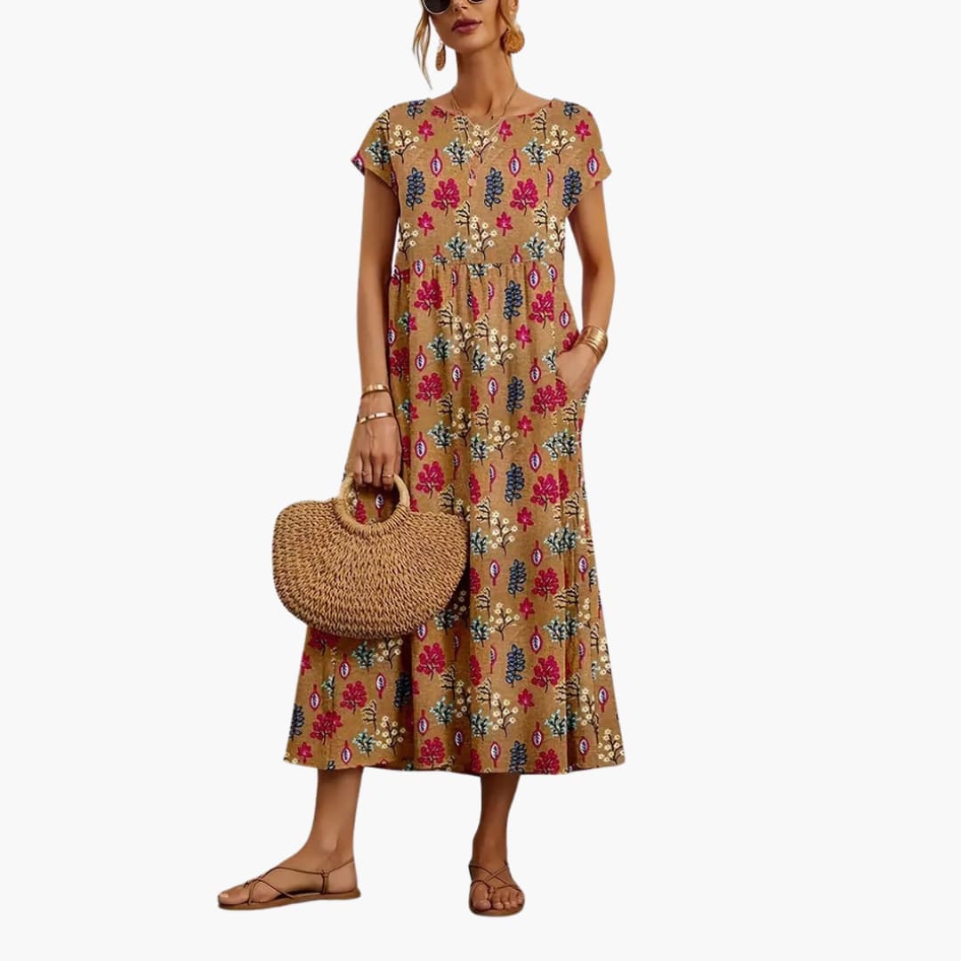 Robe midi boho à manches courtes - pour femmes au style d'été