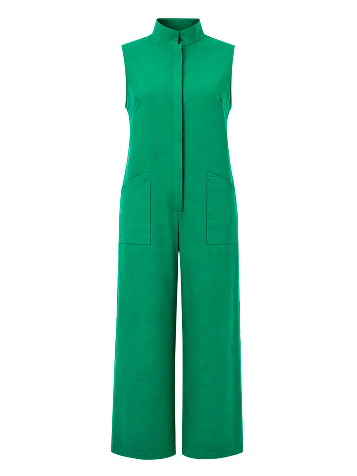 Combinaison boutonnée à jambes larges, sans manches, à col montant, couleur unie