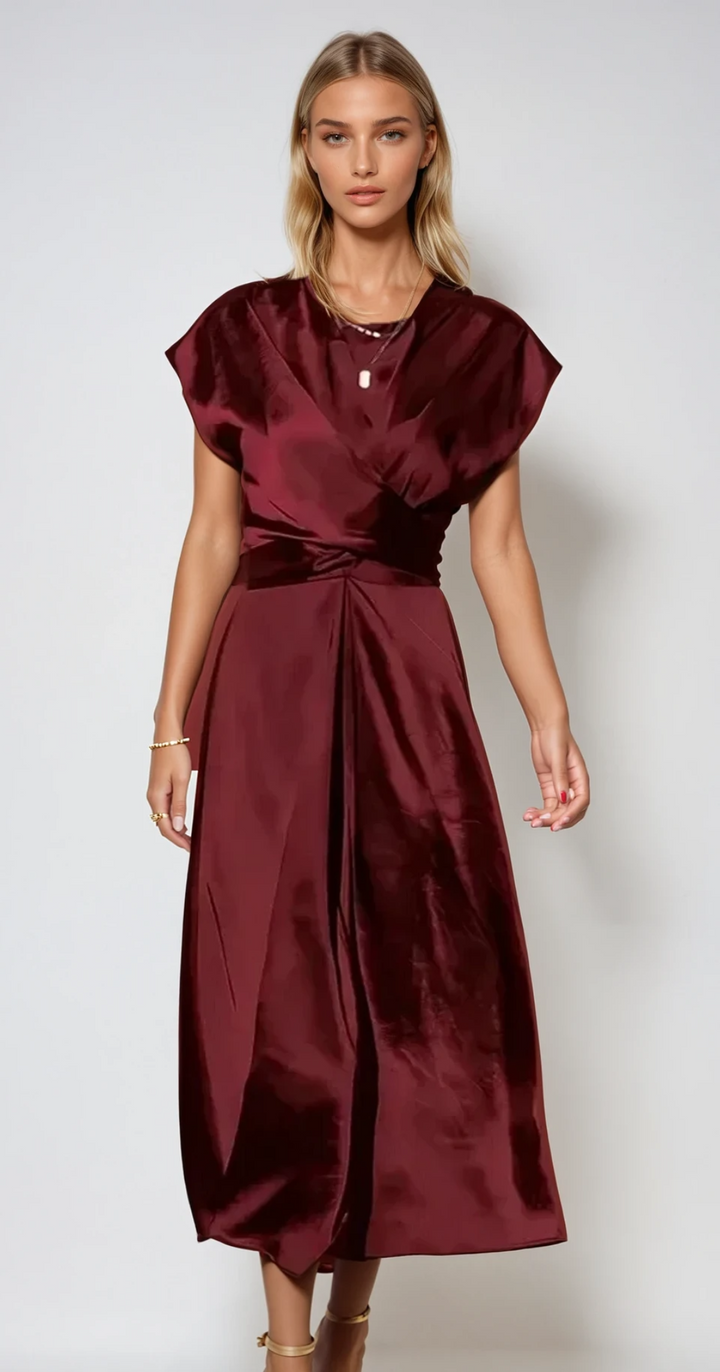 Robe Midi à Manches Courtes en Drapé pour Invitées de Mariage