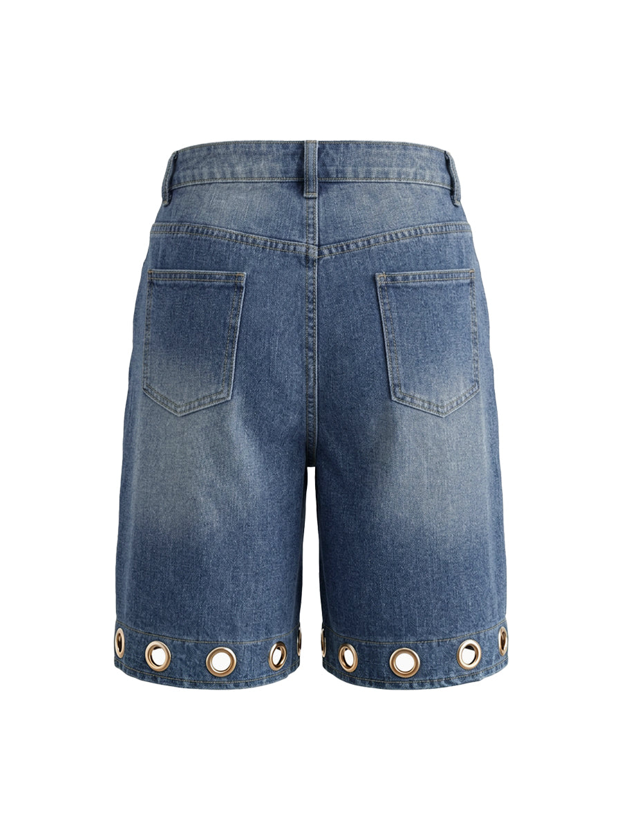 Short boutonné ajouré taille haute, à jambes larges, à poches, à empiècements, couleur unie
