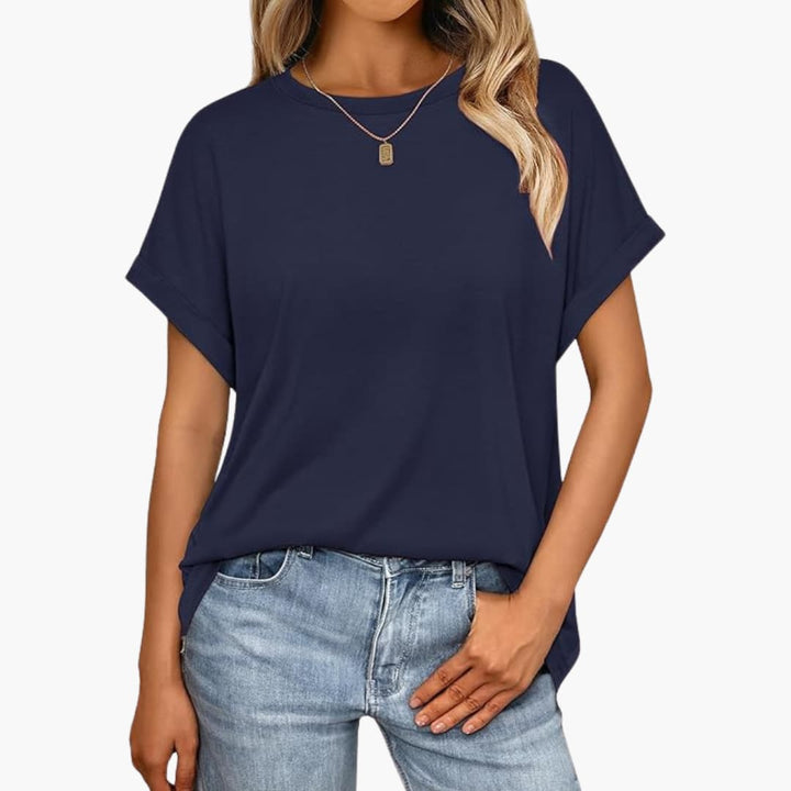 T-shirt oversize pour femmes avec col rond et manches retroussées