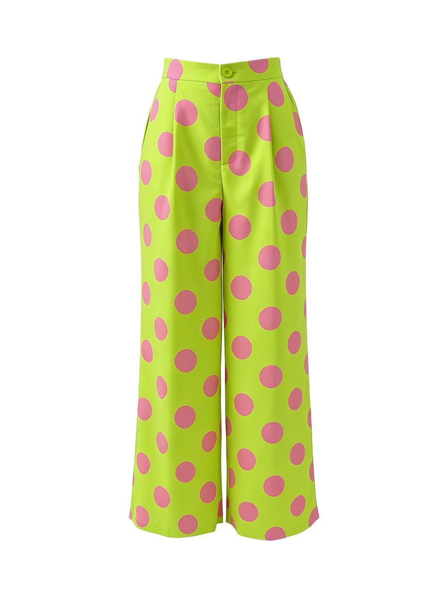 Pantalon boutonné à jambes larges, à poches, à pois