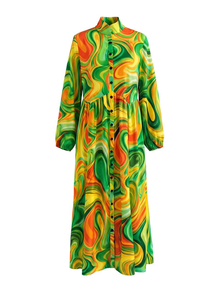 Robe longue imprimée plissée ample à poches, à manches longues, à col montant, couleur contrastée