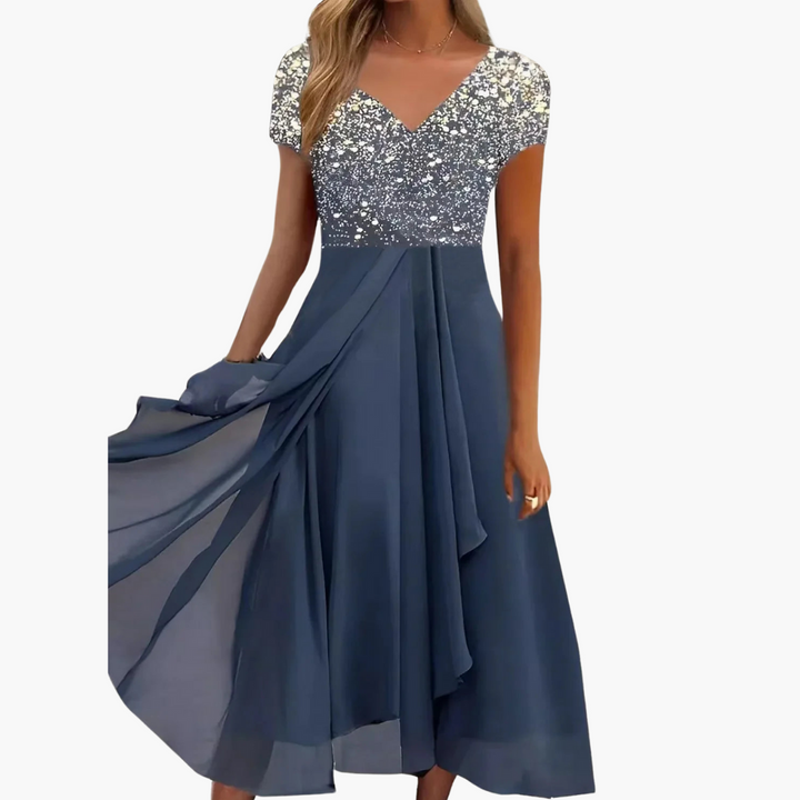 Robe midi pour femmes - Élégante avec paillettes et jupe en chiffon