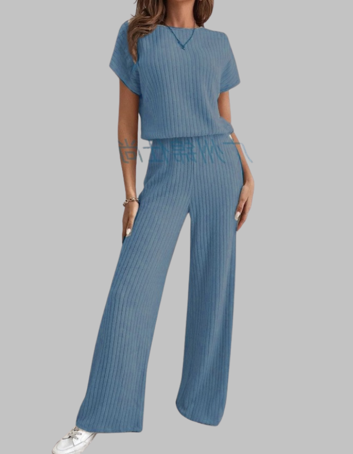 Paula | Ensemble en maille côtelée pour femmes, top à manches courtes et pantalon large décontracté