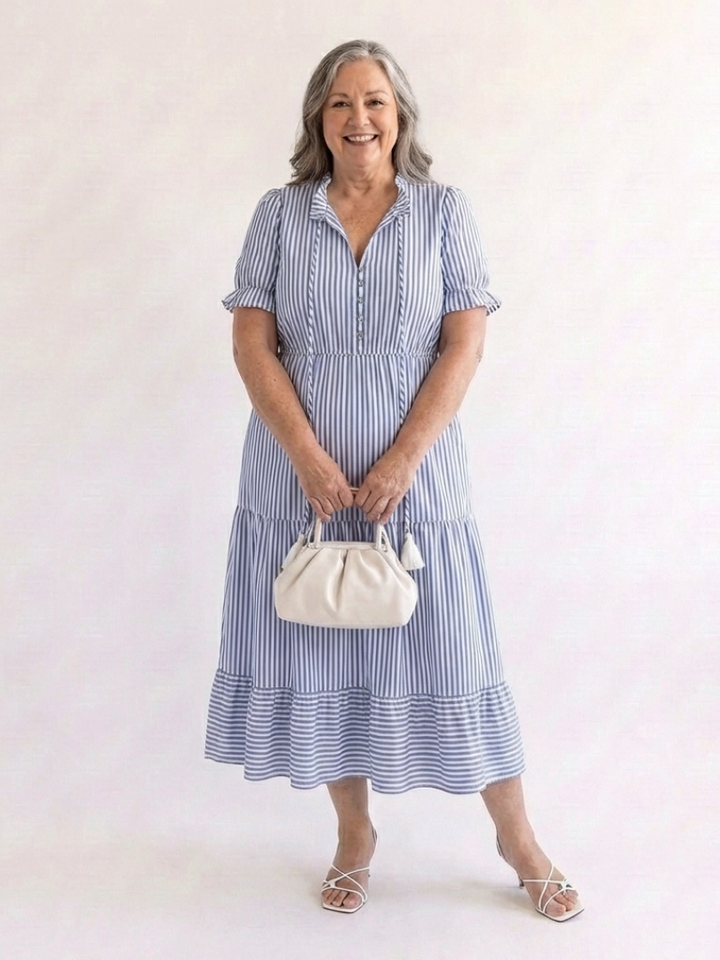 Dakota | Robe midi à manches courtes et à rayures superposées