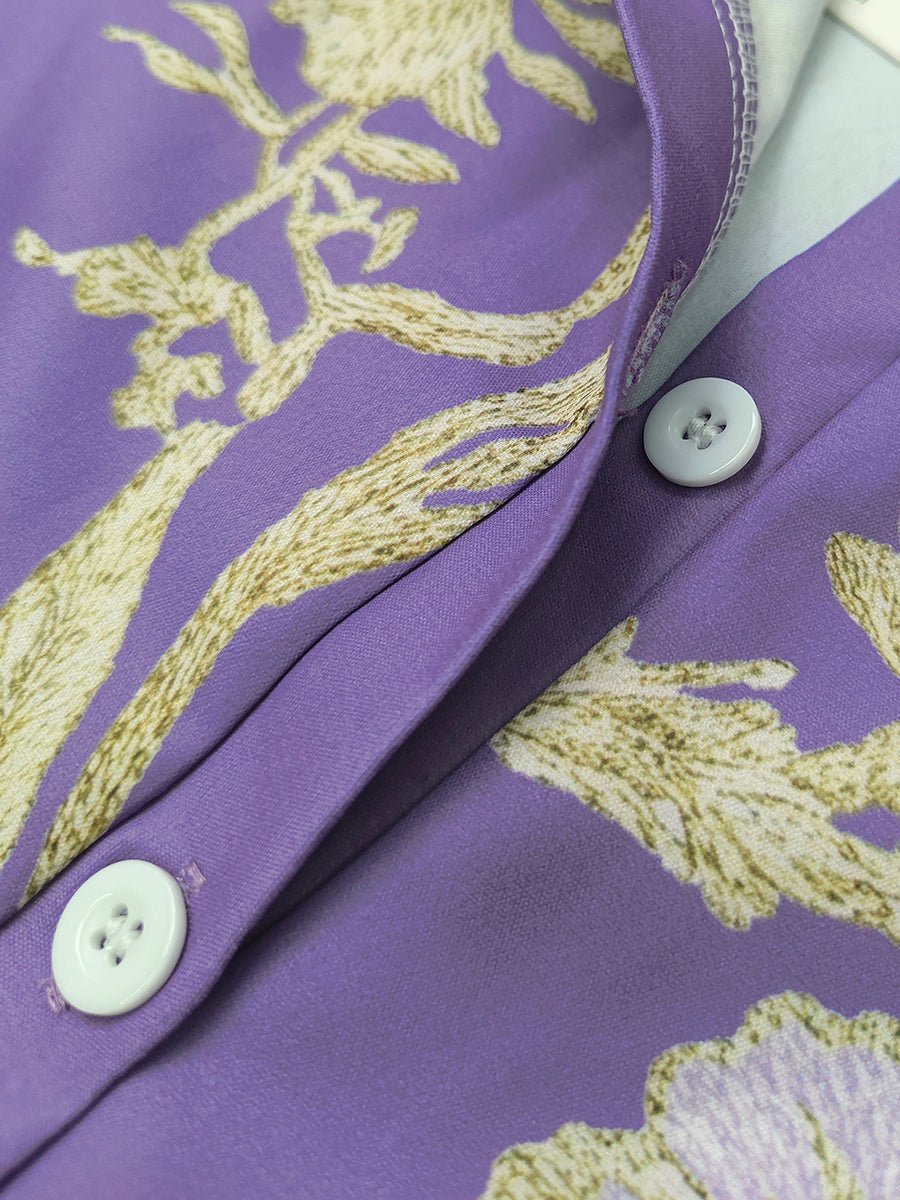 Robe longue froncée boutonnée ample à empiècements, à poches, à imprimé floral, à manches longues, à col montant, couleur contrastée