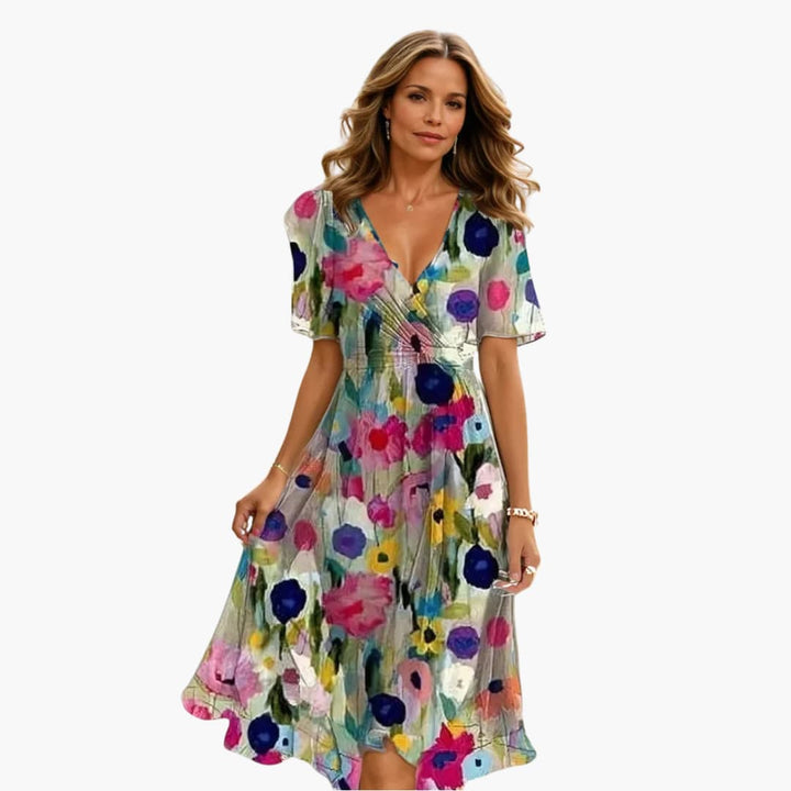 Robe midi pour femmes - Élégante, motif floral & décolleté en V