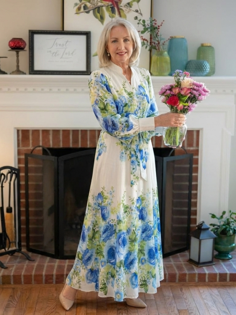Harper | Robe maxi à manches longues avec boutons floraux sur le devant