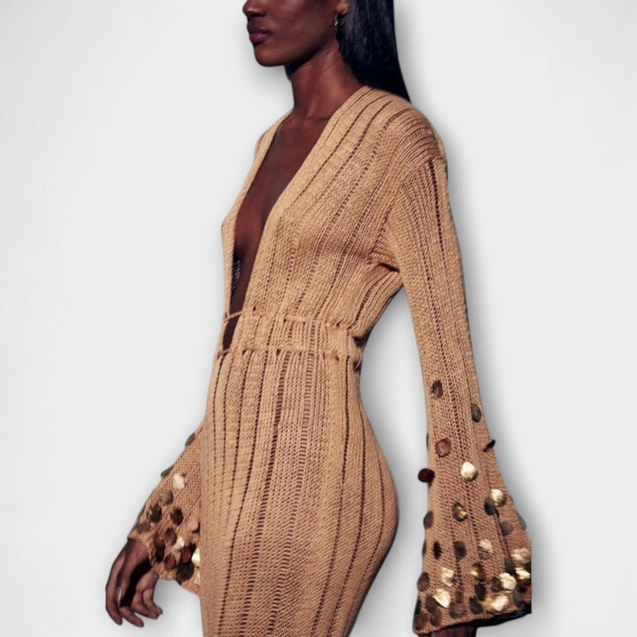 Kathleen - Robe maxi en tricot doré de Dolly
